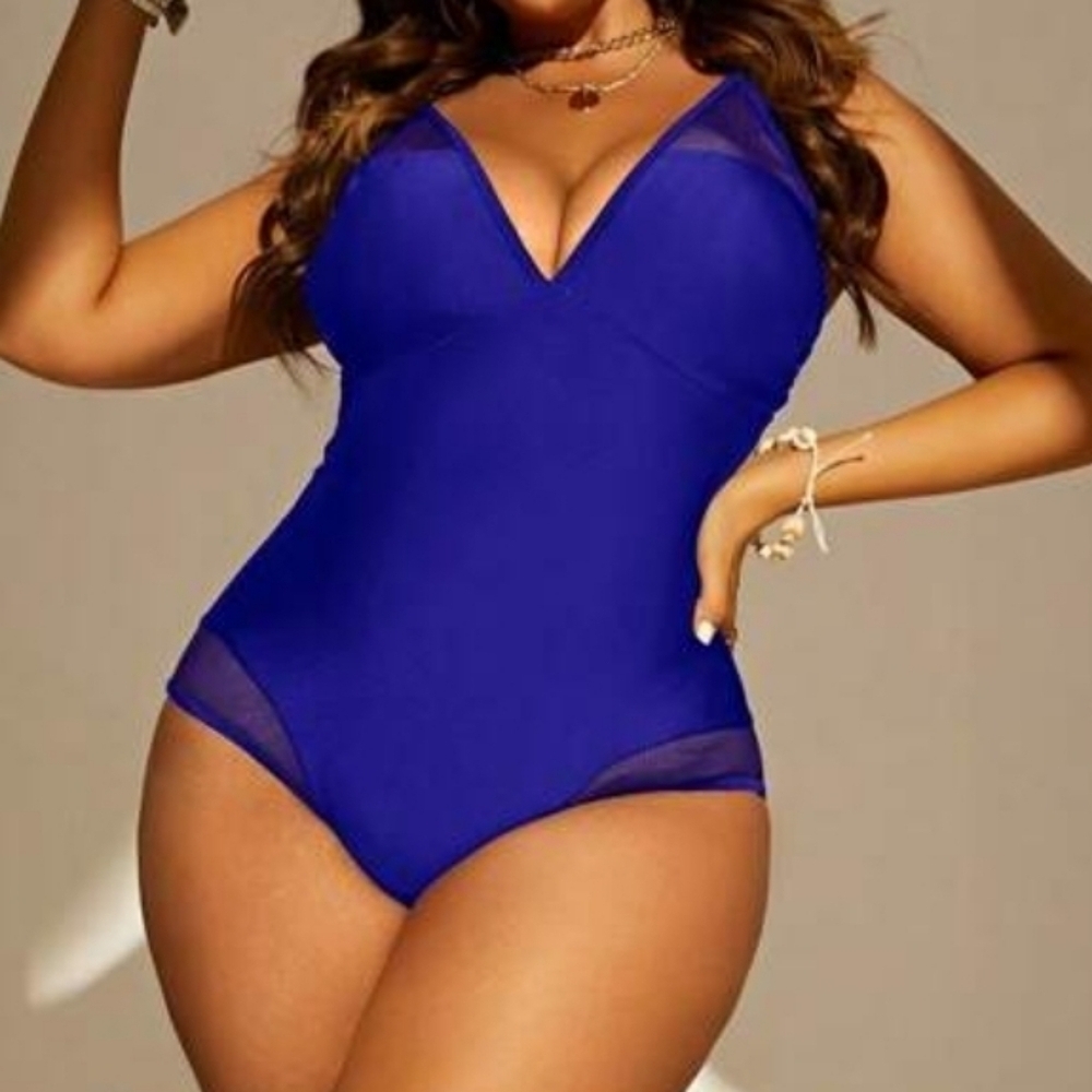 Plus Size Blue Contrast Mesh Insert Cami One Piece Swimsuit Size 14 (1XL) - Picture 3 of 6